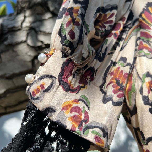 Rodarte White and Burgundy Floral Print Silk Charmeuse Blouse with Collar | FW16 - Picture 12 of 16